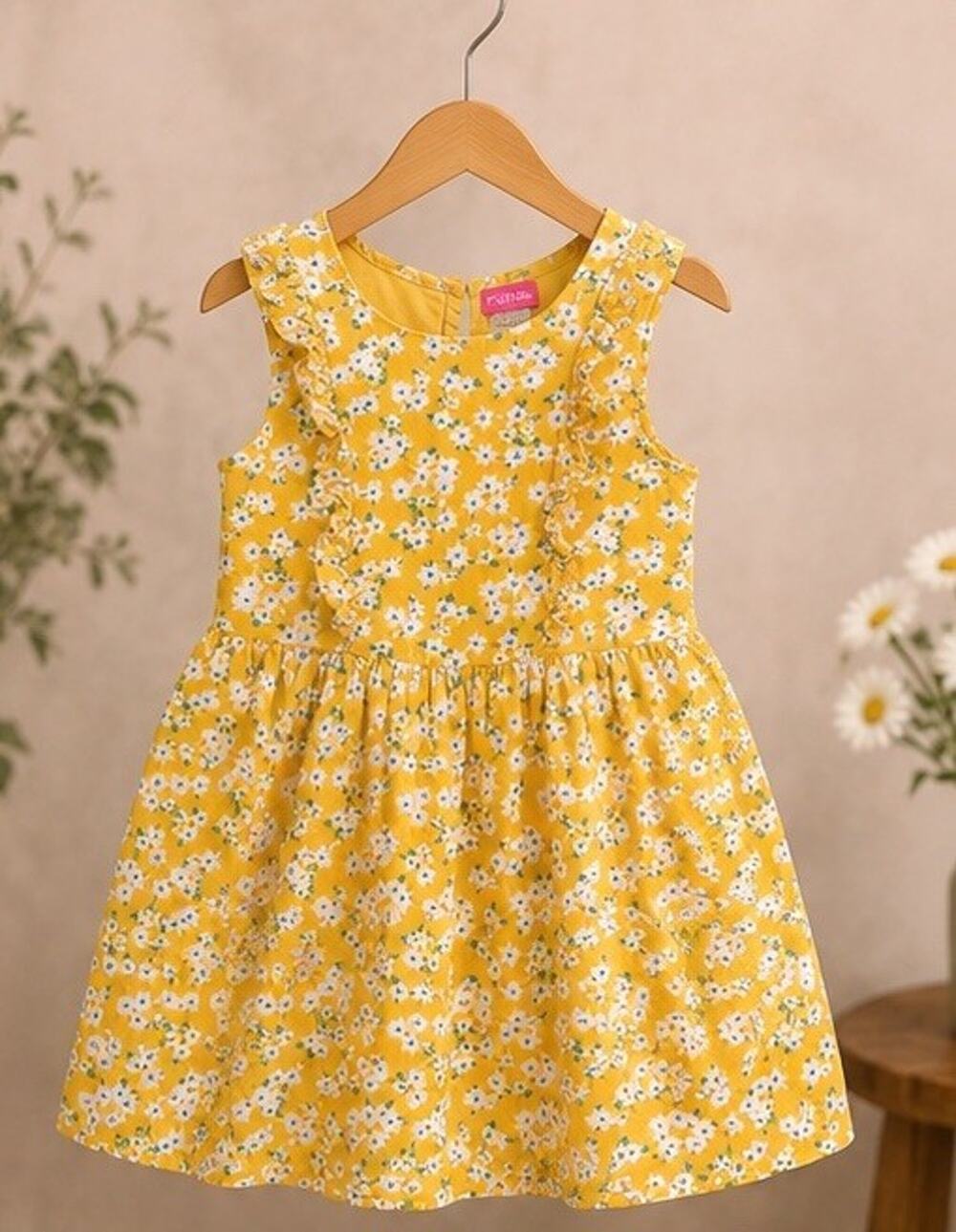Zunie Girl Dress 6/6X Yellow Floral Ruffled Cottage Color Vintage